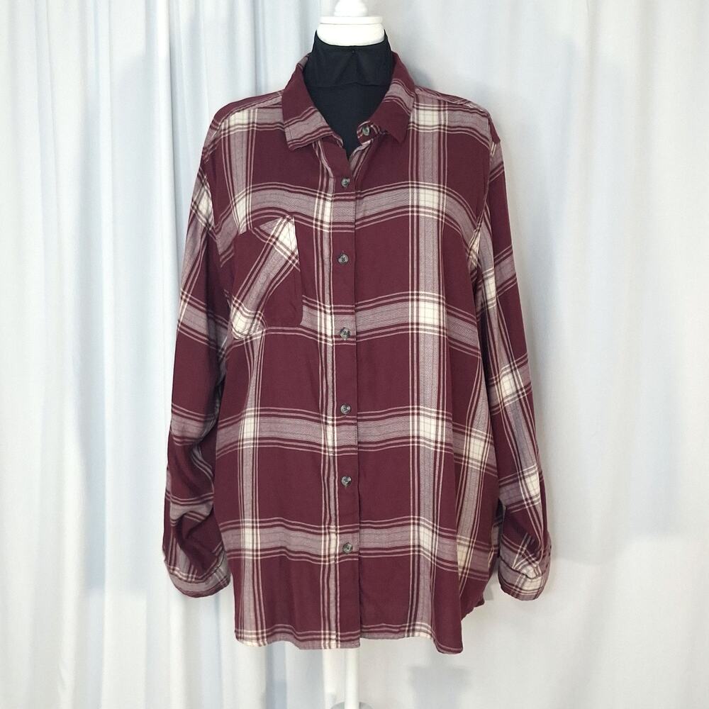 Magellan Outdoors Women’s 3X Burgundy Plaid Boyfriend Shirt NWT Cozy Cabincore